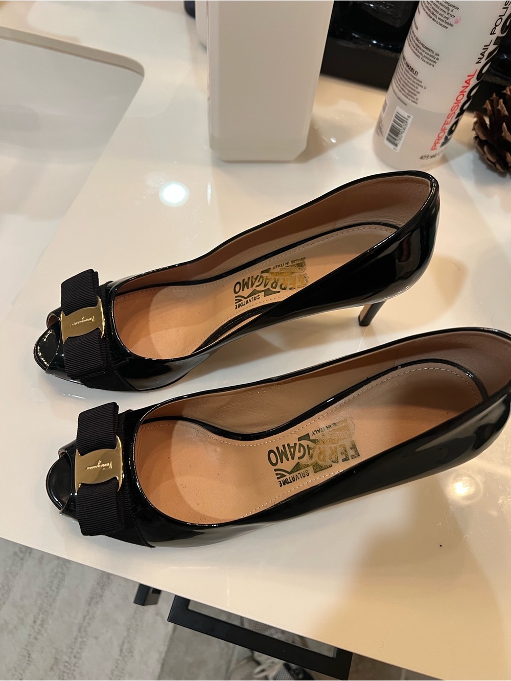 Salvatore Ferragamo Black Patent Peep-Toe Pumps with Grosgrain Bow